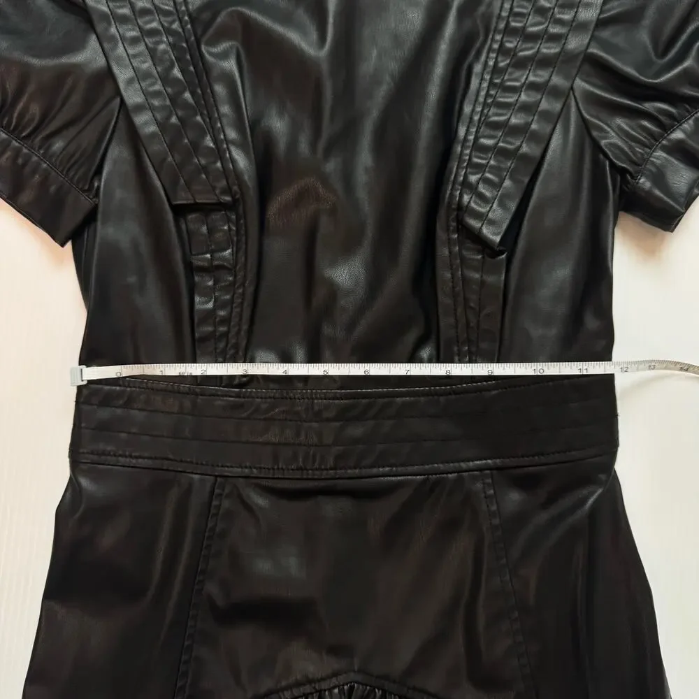Zara Faux Leather Mini Dress Black Women's XS Ruffle Puff Flounce Hem Coquette - Picture 15 of 16